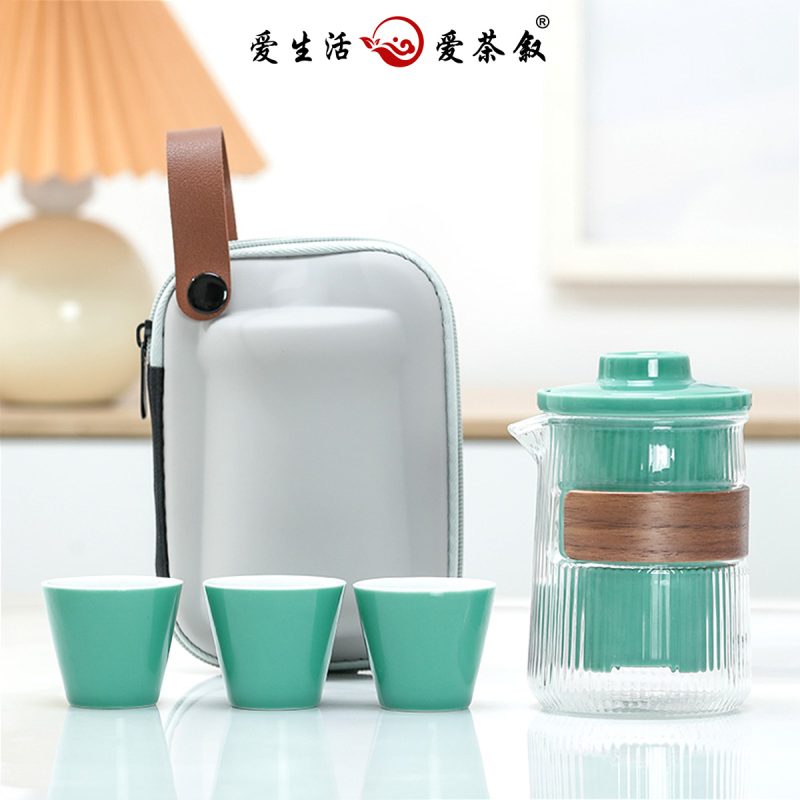便携旅行茶具套装：一壶三杯六种颜色陶瓷茶杯可选